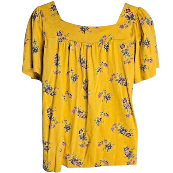 Lucky Brand Floral Knit Top Small Mustard Yellow Cottagecore Short Sleeve - Picture 4 of 5
